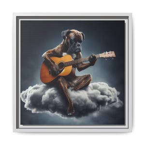 Lienzo enmarcado de perro bóxer atigrado, decoración para el hogar para amantes de los perros, decoración de oficina para músicos, arte con temática musical, lienzo de guitarra, bóxer tocando la guitarra imagen 4