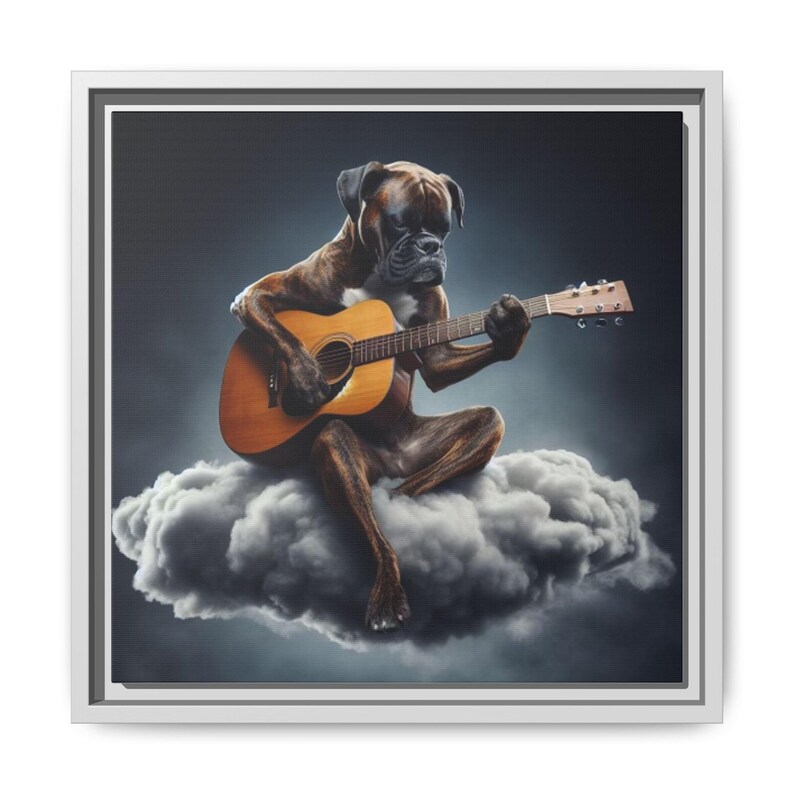 Lienzo enmarcado de perro bóxer atigrado, decoración para el hogar para amantes de los perros, decoración de oficina para músicos, arte con temática musical, lienzo de guitarra, bóxer tocando la guitarra imagen 4