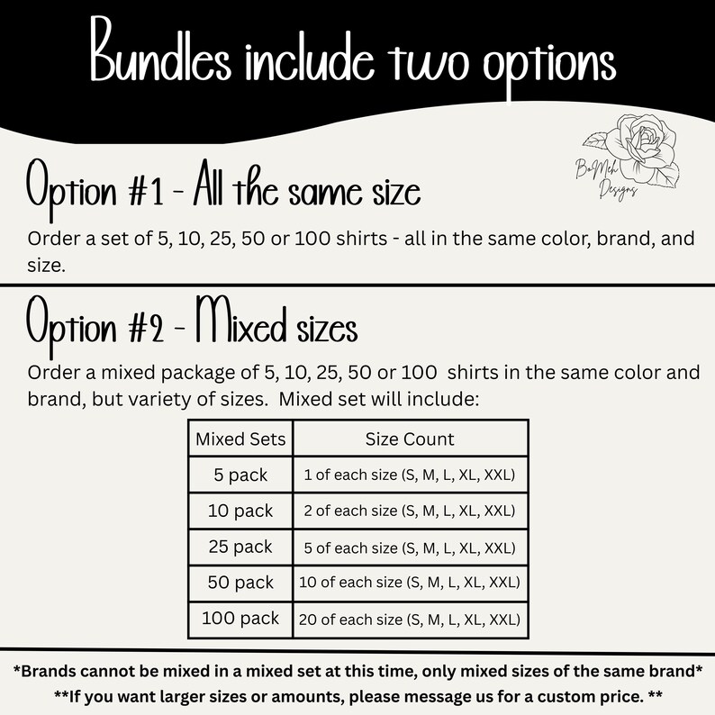 May include: A black and white graphic with text detailing shirt bundle options. Option 1 offers all the same size, while Option 2 provides mixed sizes in packs of 5, 10, 25, 50, or 100 shirts. Sizes include S, M, L, XL, and XXL.
