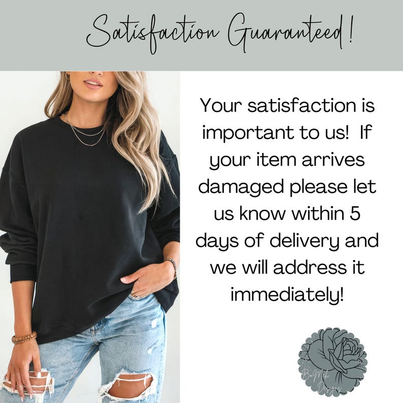 以下が含まれることがあります： 黒いスウェットシャツとブルージーンズを着た人。上部には「Satisfaction Guaranteed!」の文字。右側のテキストには「お客様の満足が重要です！」とあり、破損した商品に関する詳細が記載されています。