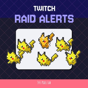 Puede incluir: Gráfico digital con el texto "TWITCH RAID ALERTS" en fuente pixelada blanca. La imagen presenta varios personajes pixelados amarillos sobre un fondo blanco, con un fondo azul oscuro y rosa.