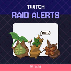Könnte beinhalten: Pixelgrafik für Twitch-Raid-Benachrichtigungen. Das Bild zeigt drei cartoonartige Charaktere mit Blättern und Holzstrukturen. Der Text "TWITCH" und "RAID ALERTS" werden oben angezeigt. Eine Sprechblase sagt "RAID". Der Hintergrund ist dunkelblau mit einem rosa Streifen unten.