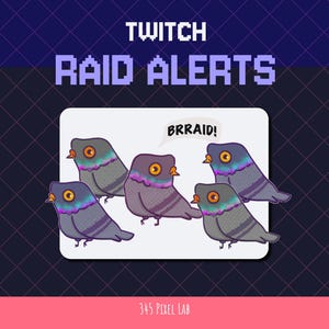 May include: A digital graphic featuring five cartoon pigeons with purple, gray, and orange details. The text "Twitch Raid Alerts" is displayed above the pigeons, and one pigeon has a speech bubble that says "BRRAID!"