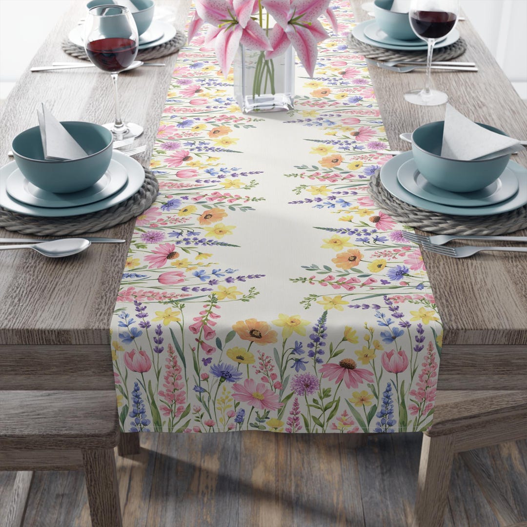Spring Flowers Table Runner, Watercolor Wildflower Table Decor, Floral ...