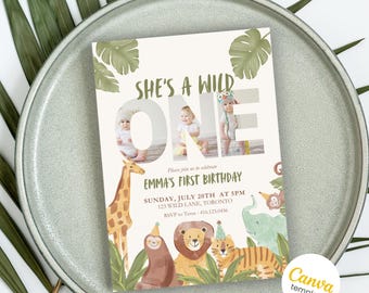 Wild One Birthday Girl Invitation, Safari First Birthday Evite, Jungle Animal, Jungle First Birthday, First Birthday Invite with Photo
