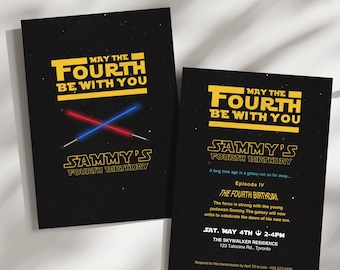 Invitación de cumpleaños "Que el cuatro esté contigo", invitación para fiesta de cuarto cumpleaños, invitación imprimible para fiesta de Star Wars, tarjeta de Star Wars.