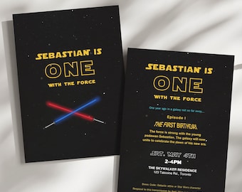 Star Wars First Birthday Invitation, One With the Force, 1st Birthday, Star Wars Birthday, Printable Birthday Party Invitation Starwars Card
