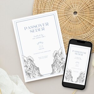 May include: Two invitations for a Passover Seder, one on a smartphone and one printed on white cardstock. Both invitations feature a blue and white wave design and the text "Passover Seder" in a blue font.