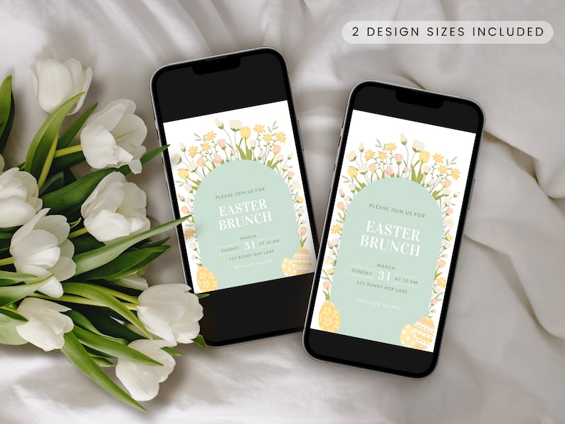 May include: Two digital phone screen mockups displaying an Easter brunch invitation with a floral border and pastel colors. The invitation reads "Please join us for Easter Brunch, March 31 at 10 am, 123 Bunny Hop Lane".