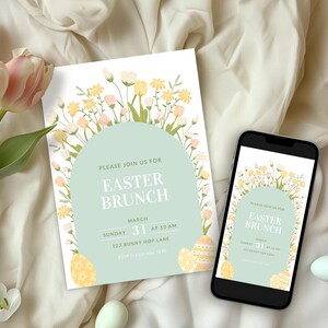May include: A digital invitation for an Easter brunch with a floral border and pastel colors. The invitation says "Please join us for Easter Brunch" and includes the date, time, and address.