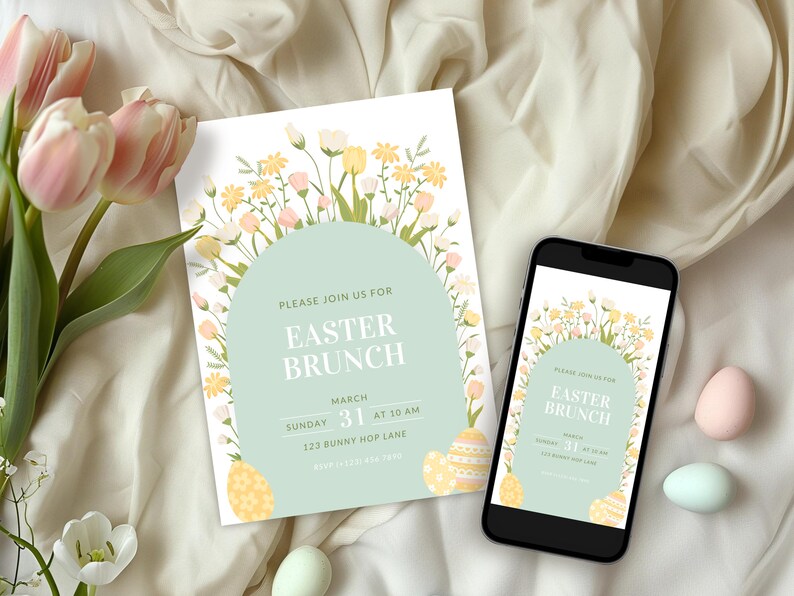 May include: A digital invitation for an Easter brunch with a floral border and pastel colors. The invitation says "Please join us for Easter Brunch" and includes the date, time, and address.