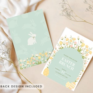 May include: A light blue and white Easter brunch invitation with a floral border and a bunny silhouette. The text reads "Please join us for Easter Brunch, March 31 at 10 AM, 523 Bunny Hop Lane."