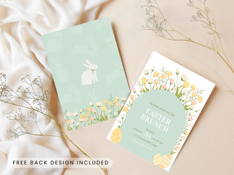 May include: A light blue and white Easter brunch invitation with a floral border and a bunny silhouette. The text reads "Please join us for Easter Brunch, March 31 at 10 AM, 523 Bunny Hop Lane."