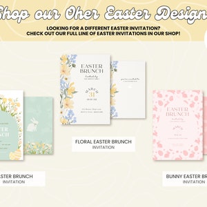 May include: Four different Easter brunch invitation designs. The first design features a floral wreath with pastel yellow and blue flowers. The second design features a white bunny on a light green background with pastel yellow and blue flowers. The third design features a floral border with pastel yellow and blue flowers. The fourth design features a pink background with white bunnies and pastel pink eggs. The text on the invitations reads "Easter Brunch".