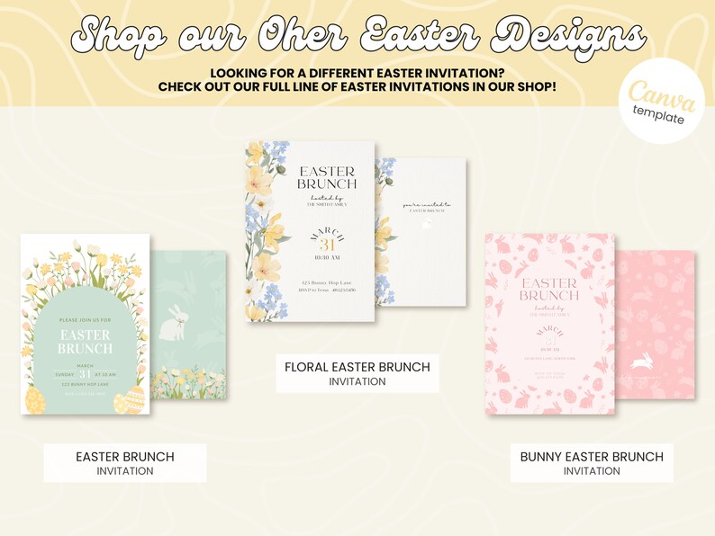 May include: Four different Easter brunch invitation designs. The first design features a floral wreath with pastel yellow and blue flowers. The second design features a white bunny on a light green background with pastel yellow and blue flowers. The third design features a floral border with pastel yellow and blue flowers. The fourth design features a pink background with white bunnies and pastel pink eggs. The text on the invitations reads "Easter Brunch".