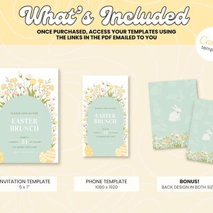 May include: A digital download for an Easter brunch invitation template and phone background. The invitation features a floral wreath with pastel colored flowers and eggs. The phone background features a white bunny with a bow on a light blue background with flowers.