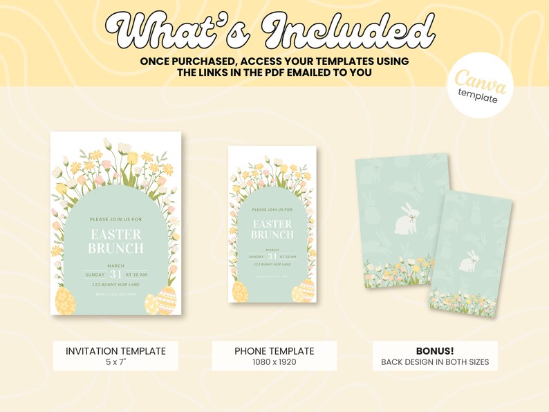 May include: A digital download for an Easter brunch invitation template and phone background. The invitation features a floral wreath with pastel colored flowers and eggs. The phone background features a white bunny with a bow on a light blue background with flowers.