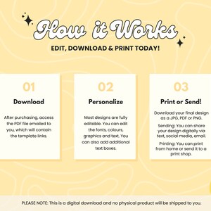 May include: A yellow and white graphic with the text "How it Works."  The graphic explains the steps to download, personalize, and print or send a digital design. The text "EDIT, DOWNLOAD & PRINT TODAY!" is also included.