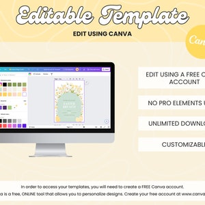 May include: A computer screen displaying a Canva template for an Easter brunch invitation. The template features a light green background with yellow flowers and a white text box that says "Easter Brunch". The text "Edit using Canva" is displayed on the screen. The image also includes a yellow circle with the word "Canva" in white text.