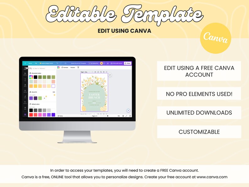 May include: A computer screen displaying a Canva template for an Easter brunch invitation. The template features a light green background with yellow flowers and a white text box that says "Easter Brunch". The text "Edit using Canva" is displayed on the screen. The image also includes a yellow circle with the word "Canva" in white text.