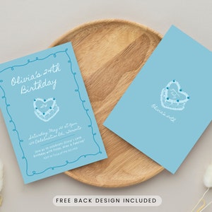 Hand Drawn Birthday Invitation Template, Vintage Heart Cake, Vintage Birthday Invitation, Retro Whimsical Dinner Party Handwritten Colourful