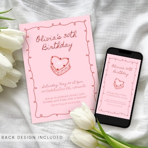 Hand Drawn Birthday Invitation, Vintage Heart Cake, Pink Vintage Birthday Invitation, Retro Whimsical Dinner Party Handwritten Colourful