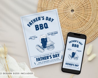 Fathers Day BBQ Invite, Vintage Father's Day Invitation, Barbecue Invitation Cookout Evite, Blue Funky Fathers Day Barbecue Invite, Barbeque