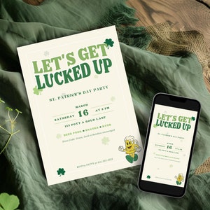 St. Patrick&#39;s Day Party Invitation Template, Adult St. Patty&#39;s Day Party Invite, Editable Canva Template, Let&#39;s Get Lucked Up, Irish Party