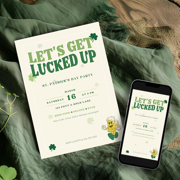 St. Patrick's Day Party Invitation Template, Adult St. Patty's Day Party Invite, Editable Canva Template, Let's Get Lucked Up, Irish Party