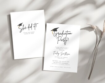 May include: Graduation party invitation with black and gold text. The invitation says "Graduation Party!" and includes the graduate's name, Finley Smithson, and the date and time of the party.