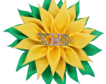 Chi Eta Phi Green and Yellow Satin Ribbon Sunflower Corsage Pin