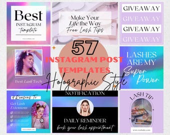 57 Holographic Instagram Post Templates for Lash Business | Editable Canva Templates for Lash Techs & Estheticians | Social Media