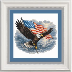 May include: Framed artwork featuring an eagle carrying the American flag against a cloudy sky. The artwork is framed in white with a blue mat. The words "Liberty Rising" are displayed above the artwork in a decorative font.