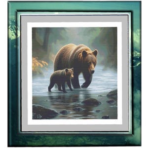 May include: A framed print featuring a brown bear and cub walking in a stream. The artwork is set in a forest scene with the words "Guided by Love" at the top. The frame is a teal color.