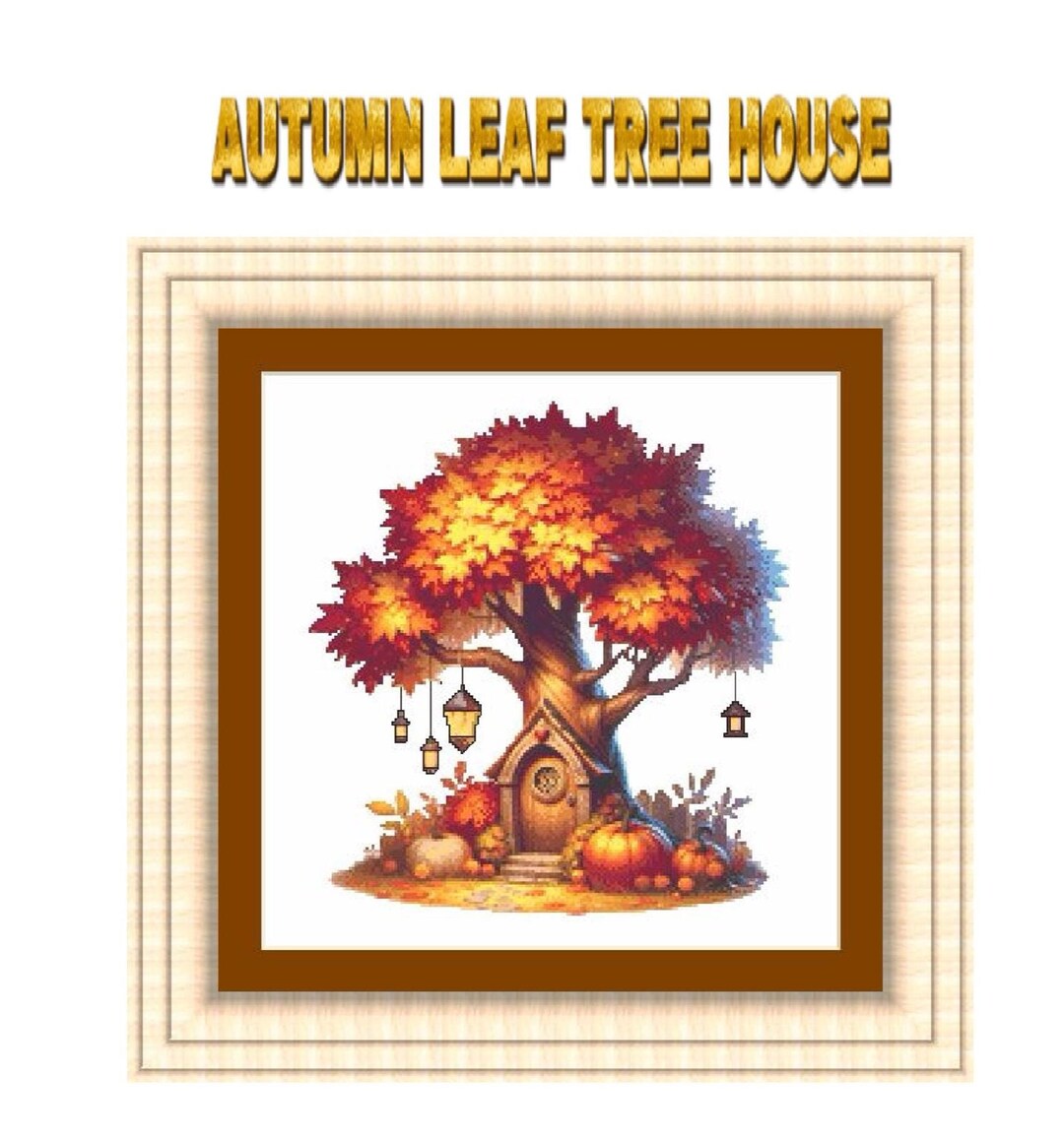 Autumn Leaf Tree House Cross Stitch Pattern: Scenic Landscape (digital ...