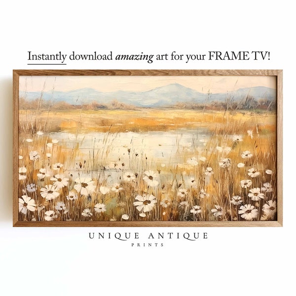 Samsung Frame TV Art, Field of Flowers painting, neutral warm tones, country landscape painting, art for Frame TV, Spring wildflower field.