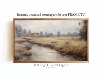 Samsung Frame TV Art, moody painting, neutral tones, country landscape painting, art for Frame TV, English countryside, field, download