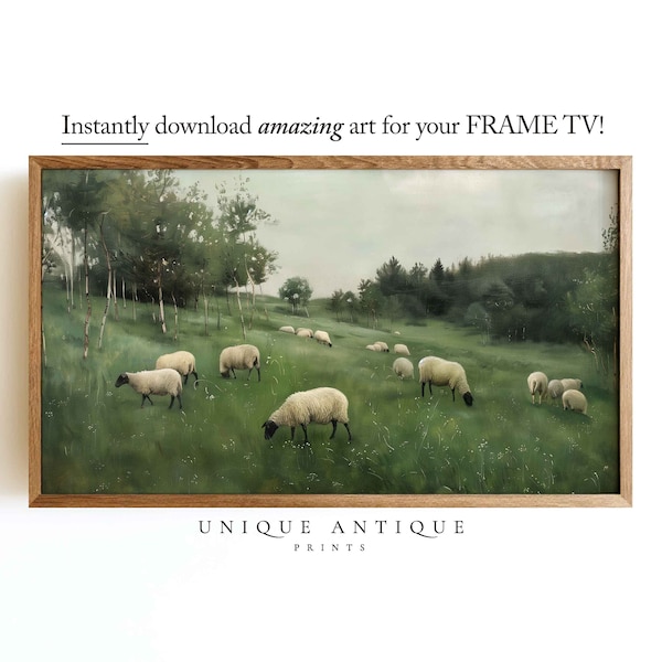 Samsung Frame TV Art, country landscape painting, sheep in the green meadow, art for Frame TV, farm countryside art, digital download