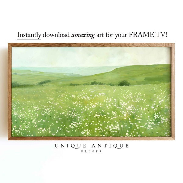 Samsung Frame TV Art, country landscape painting, green meadow with white wildflowers, art for Frame TV, farm countryside, digital download