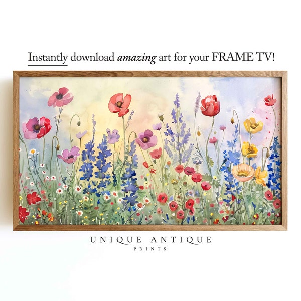 Samsung Frame TV Art, Spring Meadow of flowers painting, landscape, country landscape painting, art for Frame TV, Spring wildflower field.