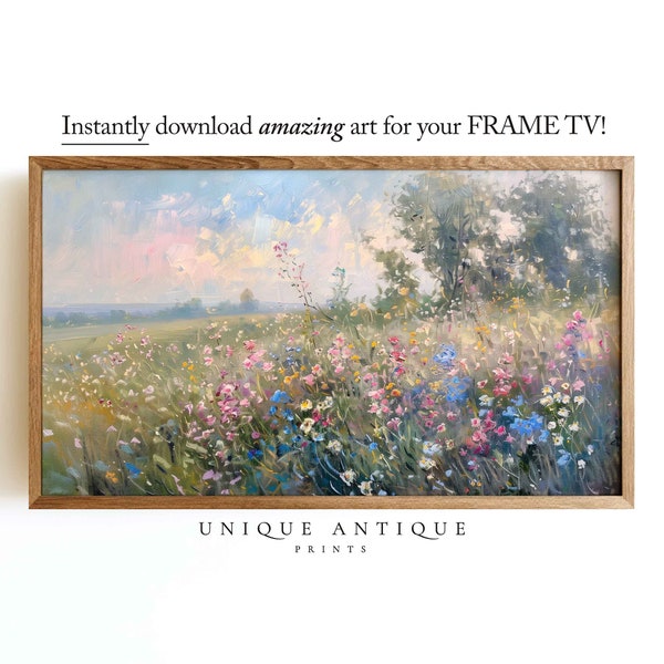 Samsung Frame TV Art, Spring Meadow of flowers painting, landscape, country landscape painting, art for Frame TV, Spring wildflower field.