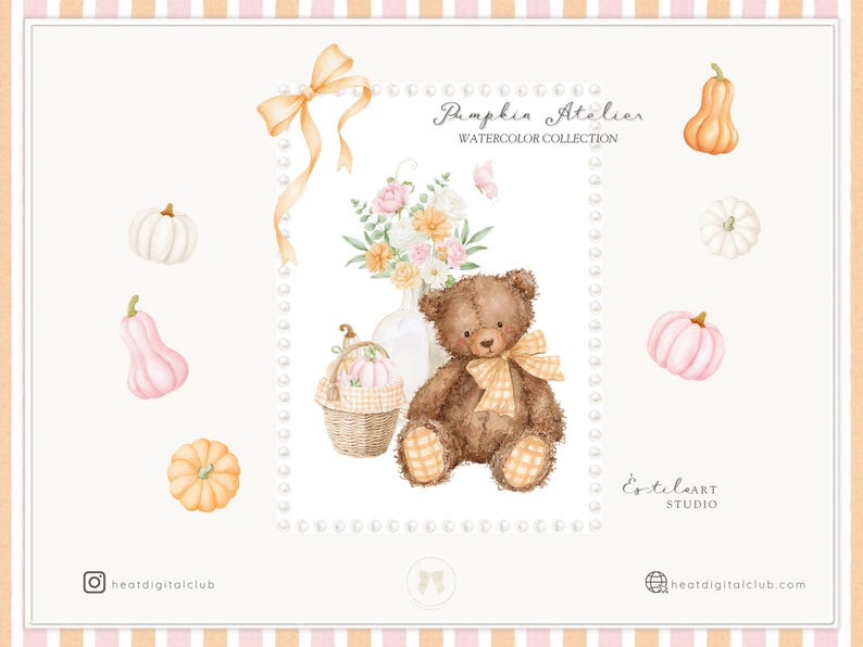 Op de afbeelding: Waterverfillustratie met een bruine teddybeer, pompoenen, bloemen en een mand. De tekst "Pumpkin Atelier Watercolor Collection" is zichtbaar. Het beeld heeft een herfstthema met zachte kleuren.