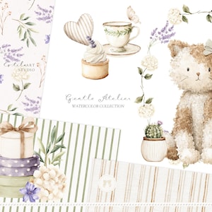 Aquarel Gentle Atelier clipart, erfstuk babyspeelgoed png, vintage kwekerij clipart, neutrale babyshower graphics, Engelse lente, digitaal afbeelding 9