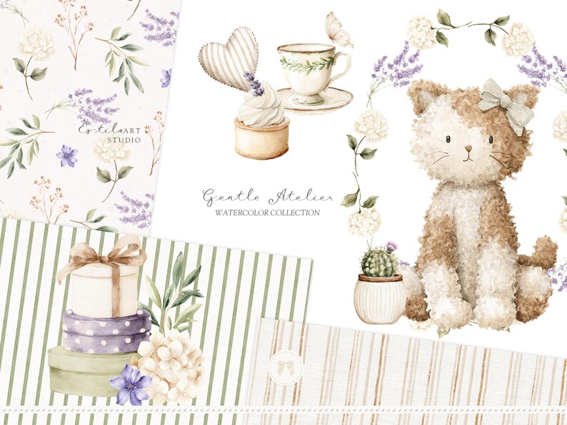 Aquarel Gentle Atelier clipart, erfstuk babyspeelgoed png, vintage kwekerij clipart, neutrale babyshower graphics, Engelse lente, digitaal afbeelding 9