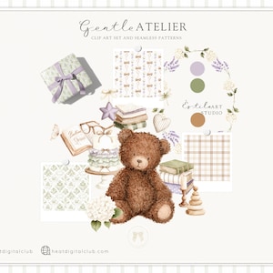 Aquarel Gentle Atelier clipart, erfstuk babyspeelgoed png, vintage kwekerij clipart, neutrale babyshower graphics, Engelse lente, digitaal afbeelding 2