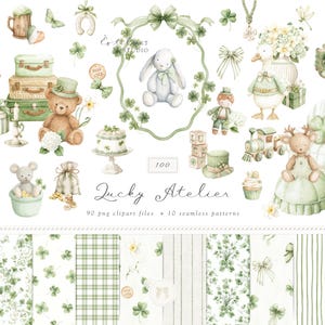 Puede incluir: Ilustraciones en acuarela con temática del Día de San Patricio, que incluyen un caballito balancín, un oso de peluche y un conejo. La imagen presenta elementos verdes y blancos, como tréboles, lazos y patrones. También aparece el texto "Lucky Atelier".