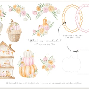Op de afbeelding: Waterverfillustraties met herfstthema's, waaronder pompoenen, bloemen en een poppenhuis. De afbeelding bevat verschillende ontwerpen, zoals bloemstukken, een mand met pompoenen en decoratieve frames. Tekst: "What is included 107 separate png files".