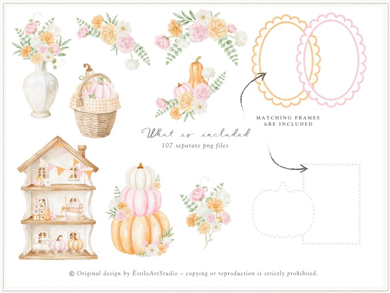 Op de afbeelding: Waterverfillustraties met herfstthema's, waaronder pompoenen, bloemen en een poppenhuis. De afbeelding bevat verschillende ontwerpen, zoals bloemstukken, een mand met pompoenen en decoratieve frames. Tekst: "What is included 107 separate png files".