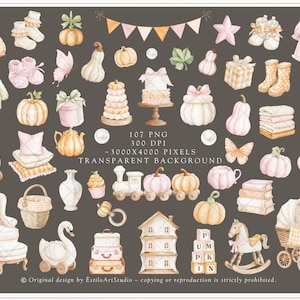 Op de afbeelding: Waterverfillustraties van baby-thema's, waaronder pompoenen, kleding, een schommelpaard en een kinderwagen. De afbeelding heeft een neutraal kleurenpalet met roze en oranje accenten, perfect voor babyshowers of kinderkamerdecoratie.