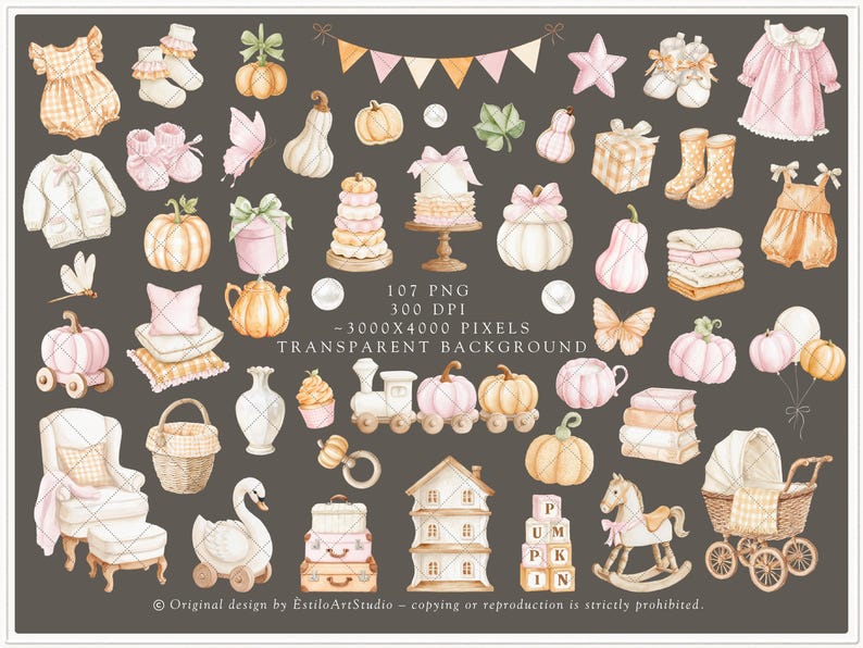Op de afbeelding: Waterverfillustraties van baby-thema's, waaronder pompoenen, kleding, een schommelpaard en een kinderwagen. De afbeelding heeft een neutraal kleurenpalet met roze en oranje accenten, perfect voor babyshowers of kinderkamerdecoratie.
